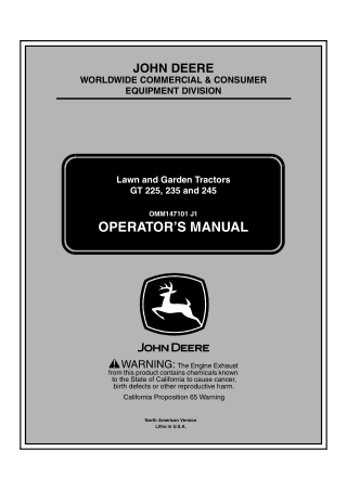 John Deere GT225 235 and 245 Lawn and Garden Tractors Operator’s Manual Instant Download (pin.060001-) (Publication No.O