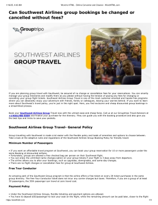 Can Southwest Airlines group bookings be changed or cancelled without fees?