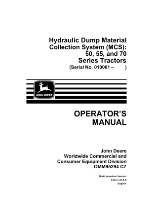 John Deere Hydraulic Dump Material Collection System (MCS) For 50 55 and 70 Series Tractors Operator’s Manual Instant Do