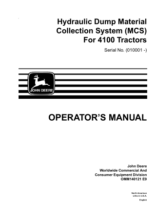 John Deere Hydraulic Dump Material Collection System (MCS) For 4100 Tractors Operator’s Manual Instant Download (PIN0100