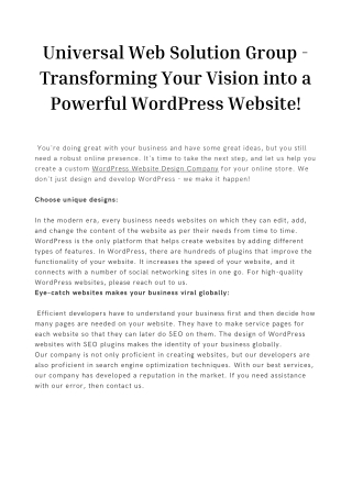 Universal Web Solution Group - Transforming Your Vision into a Powerful WordPress Website!