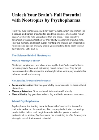 Unlock Your Brain’s Full Potential with Nootropics by Psychopharma