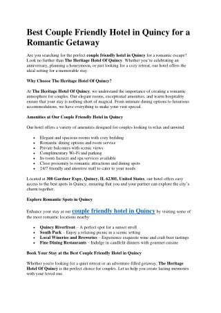 Best Couple Friendly Hotel in Quincy for a Romantic Getaway