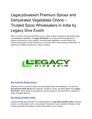 Legacydiveexim Premium Spices and Dehydrated Vegetables Online – Trusted Spice Wholesalers in India by Legacy Dive Exxim