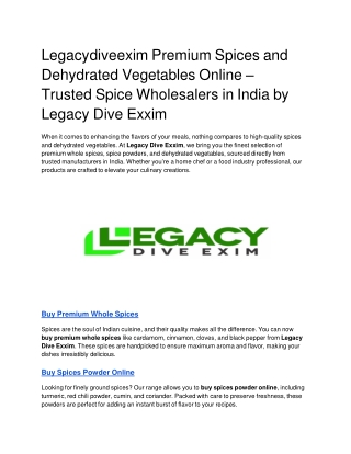 Legacydiveexim Premium Spices and Dehydrated Vegetables Online – Trusted Spice Wholesalers in India by Legacy Dive Exxim