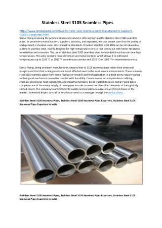 Stainless Steel 310S Seamless Pipes Exporters In India