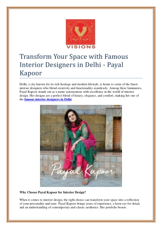 Transform Your Space with Famous Interior Designers in Delhi - Payal Kapoor