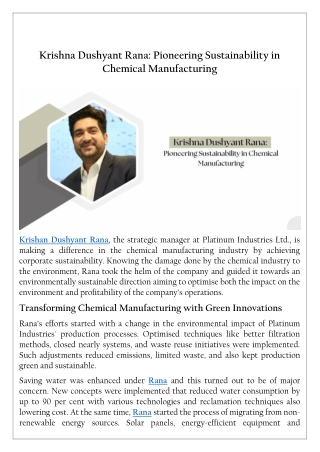 Krishna Dushyant Rana: Pioneering Sustainability in Chemical Manufacturing