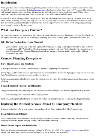 “Exploring the Different Services Offered by Emergency Plumbers”