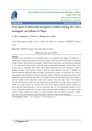 First report of Salmonella meningitis in children during 2011-2015 meningitis