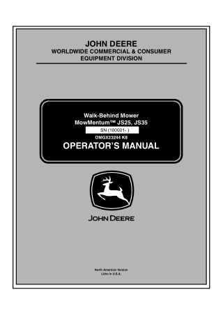 John Deere Mowmentum™ JS25 JS35 Walk-Behind Mower Operator’s Manual Instant Download (pin.100001-) (Publication No.OMGX2