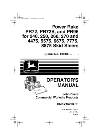 John Deere Power Rake PR72 PR72S and PR96 for 240 250 260 270 and 4475 5575 6675 7775 8875 Skid Steers Operator Manual I