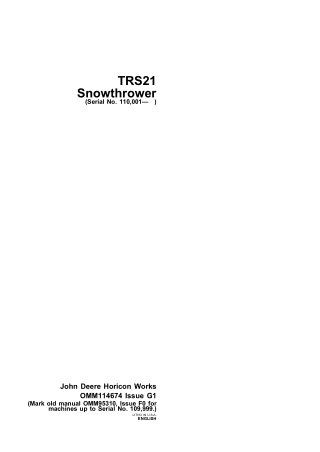 John Deere TRS21 Snowthrower Operator’s Manual Instant Download (pin.110001-) (Publication No.OMM114674)