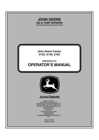 John Deere X125 X145 X165 Lawn Tractors Operator’s Manual Instant Download (PIN020001-) (Publication No. OMGX24313)