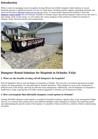 Dumpster Rental Remedies for Hospitals in Orlando