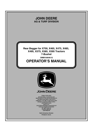 John Deere 7-Bushel Rear Bagger For X700 X465 X475 X485 X495 X575 X585 X595 Tractors Operator’s Manual Instant Download