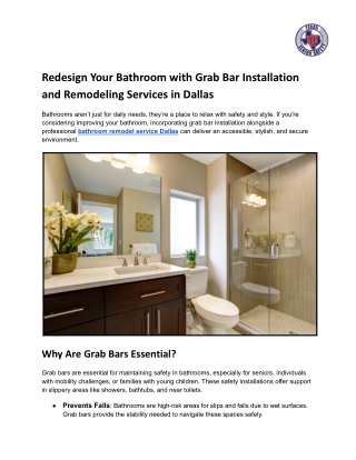 Redesign Your Bathroom with Grab Bar Installation and Remodeling Services in Dallas