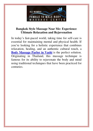 Bangkok Style Massage Near Me Experience Ultimate Relaxation and Rejuvenation