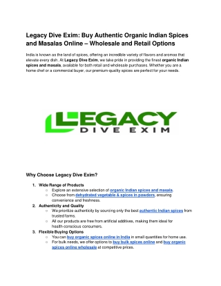 Legacy Dive Exim_ Buy Authentic Organic Indian Spices and Masalas Online – Wholesale and Retail Options