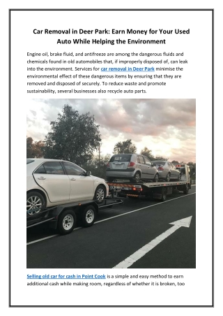 Car Removal in Deer Park Earn Money for Your Used Auto While Helping the Environment