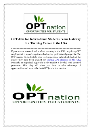 OPT Jobs for International Students Your Gateway to a Thriving Career in USA