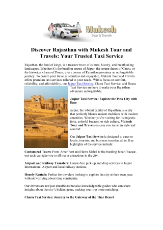 Book Jaipur Taxi Service at Mukesh Tours and Travels