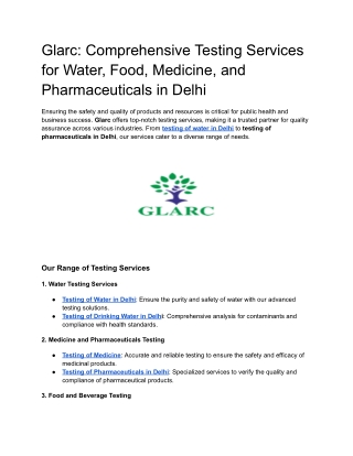 Glarc_ Comprehensive Testing Services for Water, Food, Medicine, and Pharmaceuticals in Delhi