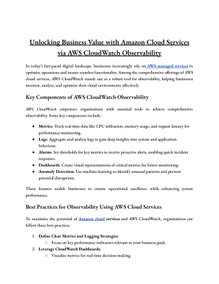 Unlocking Business Value with Amazon Cloud Services via AWS CloudWatch Observability