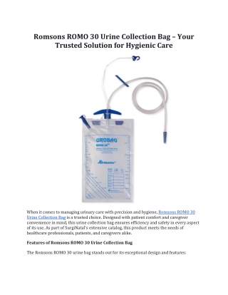 Romsons ROMO 30 Urine Collection Bag – Your Trusted Solution for Hygienic Care