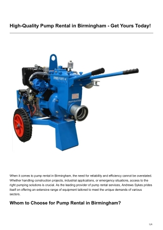 High-Quality Pump Rental in Birmingham - Get Yours Today!