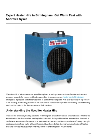 Expert Heater Hire in Birmingham Get Warm Fast with Andrews Sykes