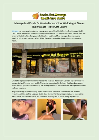 Massage is a Wonderful Way to Enhance Your Wellbeing at Steeles Thai Massage Health Care Centre