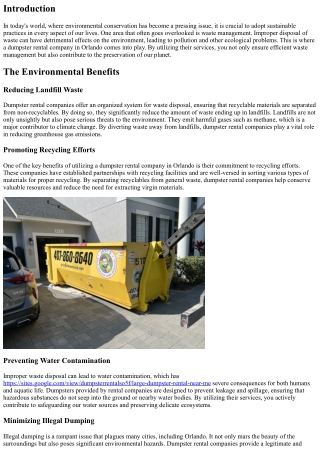 The Environmental Benefits of Using a Dumpster Rental Company in Orlando
