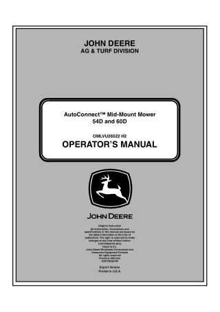 John Deere 54D and 60D AutoConnect™ Mid-Mount Mower Operator’s Manual Instant Download (Publication No.OMLVU26522)