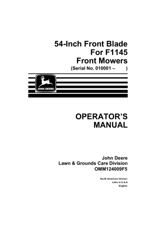 John Deere 54-Inch Front Blade for F1145 Front Mowers Operator’s Manual Instant Download (Pin.010001-) (Publication No.O