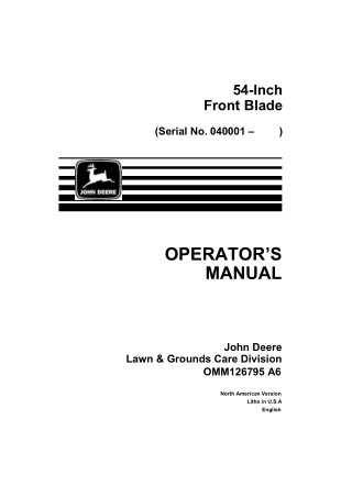 John Deere 54-Inch Front Blade Operator’s Manual Instant Download (Pin.040001-) (Publication No.OMM126795)