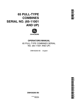 John Deere 65 Pull-Type Combines Operator’s Manual Instant Download (Pin.65-11001 and up) (Publication No.OMH30260)