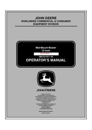 John Deere 72 Inch Mid-Mount Mower Operator’s Manual Instant Download (PIN010001-) (Publication No.OMLVU14211)