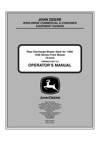 John Deere 72-Inch Rear Discharge Mower Deck for 14001500 Series Front Mower Operator’s Manual Instant Download (PIN2154