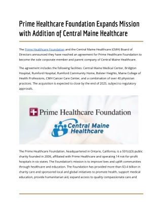 Prime Healthcare Foundation Expands Mission with Addition of Central Maine Healthcare