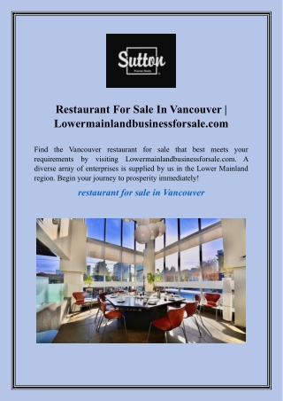 Restaurant For Sale In Vancouver  Lowermainlandbusinessforsale.com