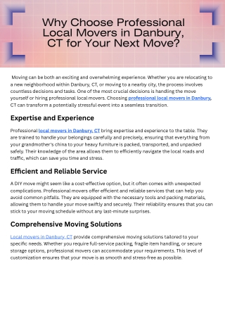 Why Choose Professional Local Movers in Danbury, CT for Your Next Move