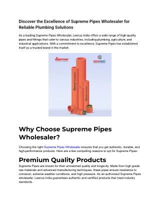 Discover the Excellence of Supreme Pipes Wholesaler for Reliable Plumbing Solutions