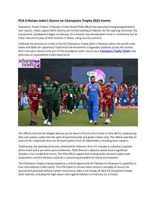 PCB Criticizes India’s Stance on Champions Trophy 2025 Events