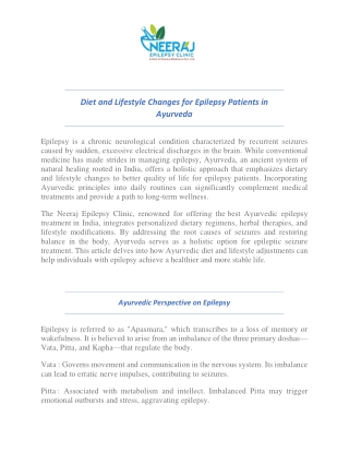 Diet and Lifestyle Changes for Epilepsy Patients in Ayurveda