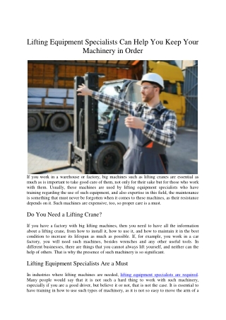Lifting Equipment Specialists Can Help You Keep Your Machinery in Order