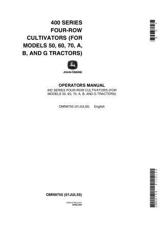 John Deere 400 Series Four-Row Cultivators for 50 60 70 A B and G Tractors Operator’s Manual Instant Download (Publicati