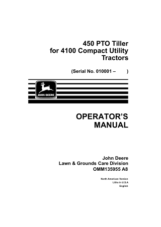 John Deere 450 PTO TILLER for 4100 Compact Utility Tractors Operator’s Manual Instant Download (PIN010001-) (Publication