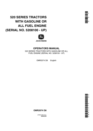 John Deere 520 Series Tractors (With Gasoline or All-fuel Engine) Operator’s Manual Instant Download (Pin.5208100-up) (P