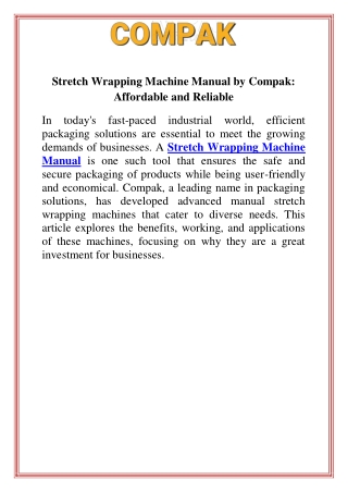 Stretch Wrapping Machine Manual by Compak Affordable and Reliable